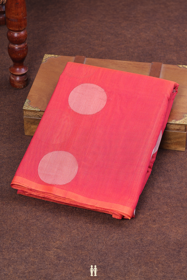 Kora Banarasi Cotton Saree In Coral Red With Circle Design