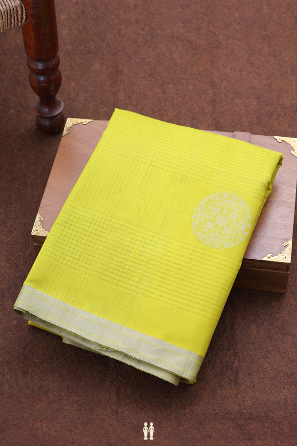 Kora Banarasi Silk Saree In Olive Yellow With Checks Design