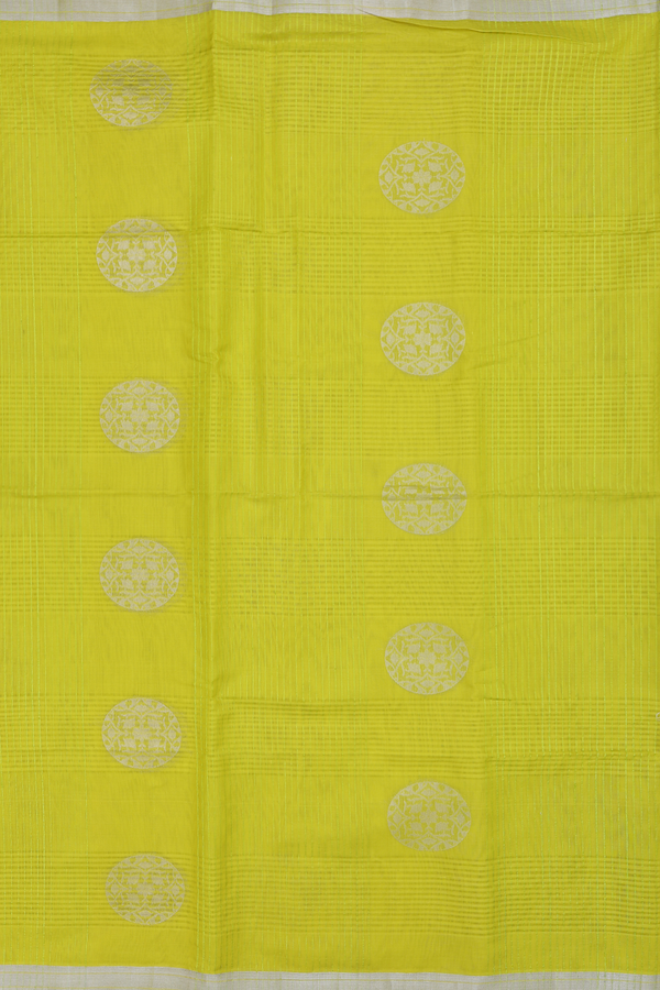 Kora Banarasi Silk Saree In Olive Yellow With Checks Design