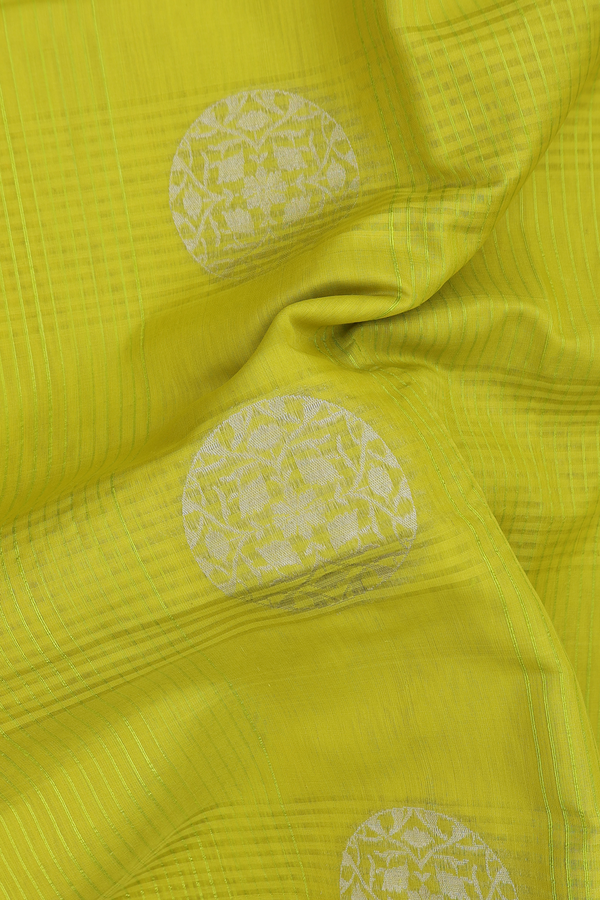 Kora Banarasi Silk Saree In Olive Yellow With Checks Design