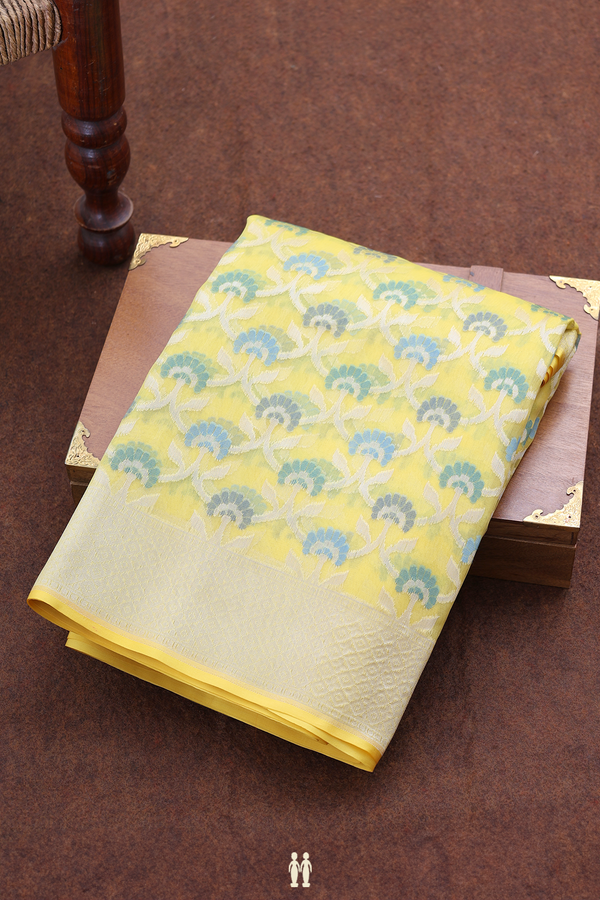 Kora Banarasi Silk Saree In Light Yellow With Floral Design