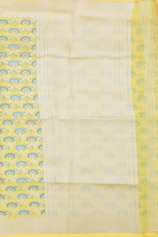Kora Banarasi Silk Saree In Light Yellow With Floral Design