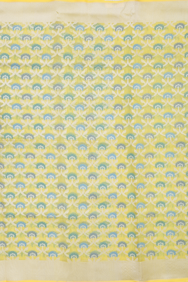 Kora Banarasi Silk Saree In Light Yellow With Floral Design