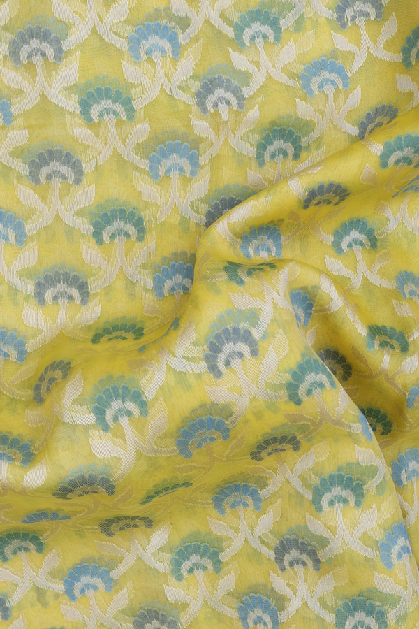 Kora Banarasi Silk Saree In Light Yellow With Floral Design