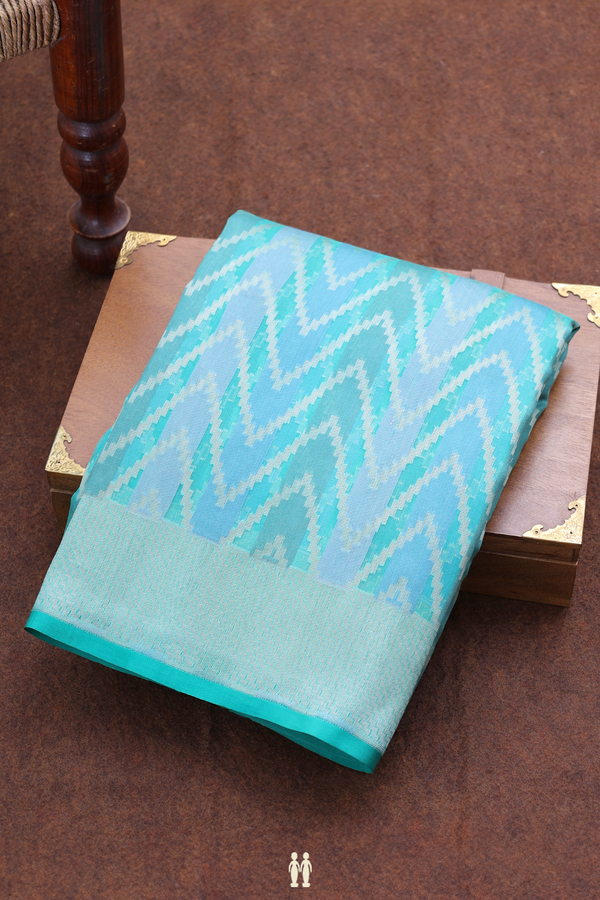 Kora Banarasi Silk Saree Green And Blue With Chevron Design