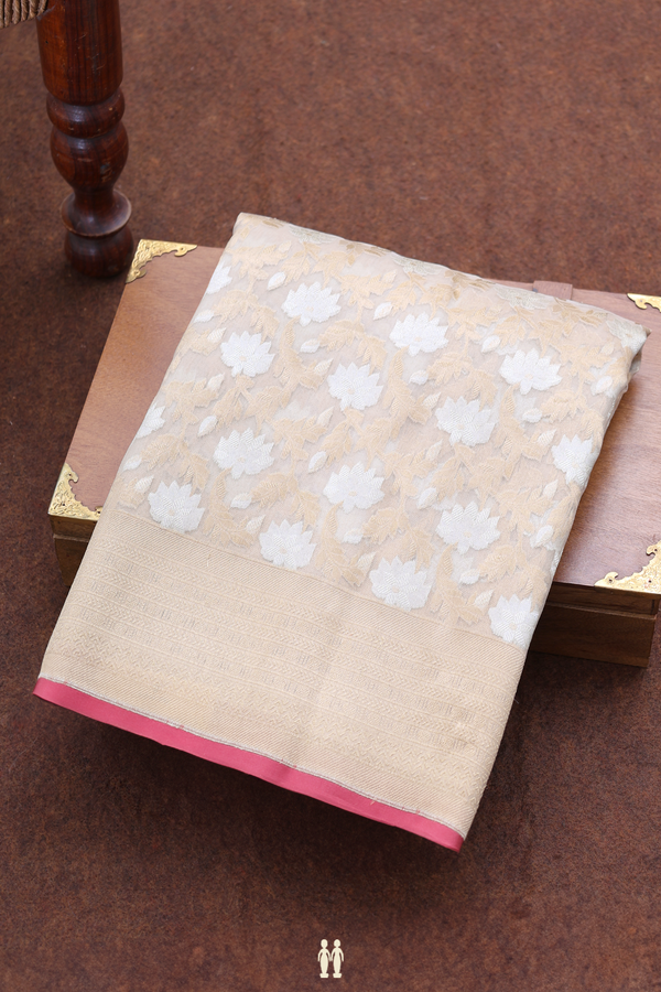 Kora Banarasi Silk Saree In Cream Color With Floral Design
