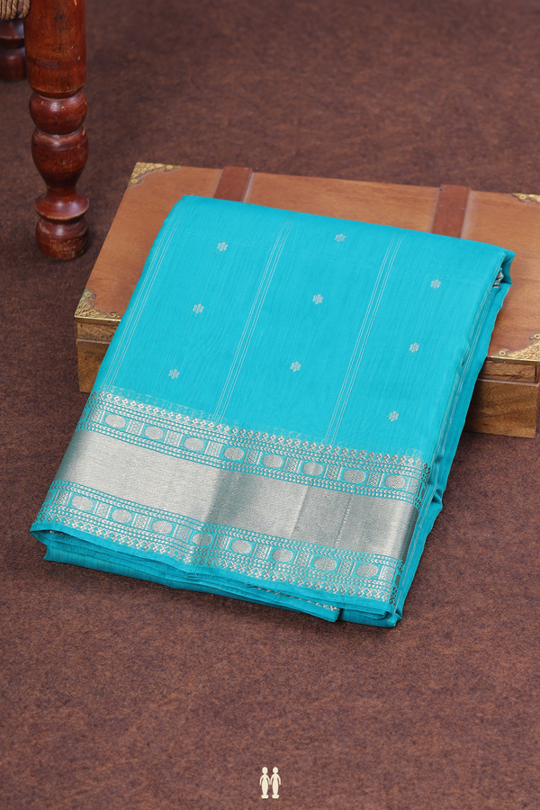 Kora Banarasi Silk Saree In Greenish Blue With Floral Buttas