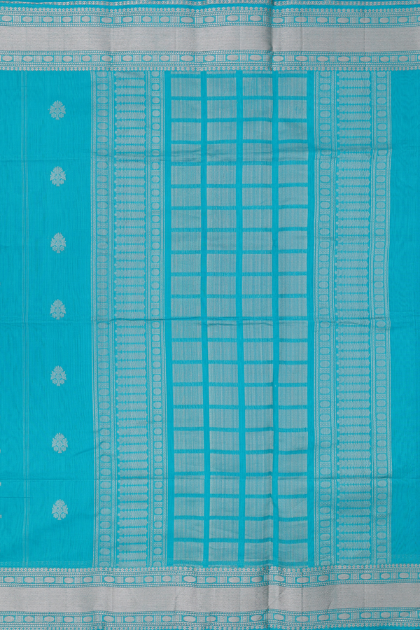 Kora Banarasi Silk Saree In Greenish Blue With Floral Buttas