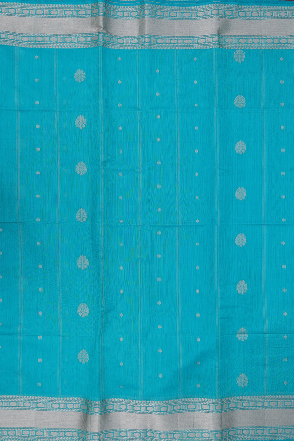 Kora Banarasi Silk Saree In Greenish Blue With Floral Buttas