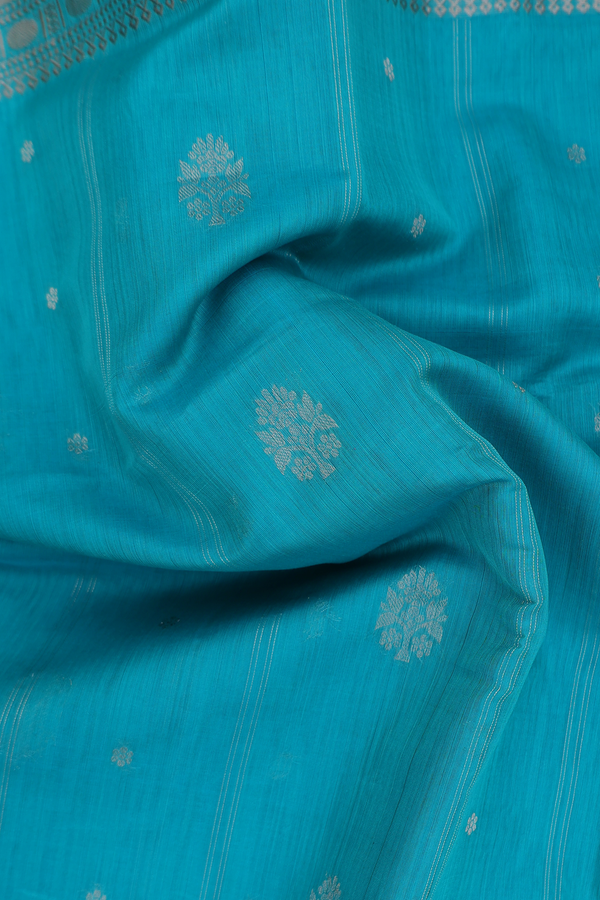 Kora Banarasi Silk Saree In Greenish Blue With Floral Buttas