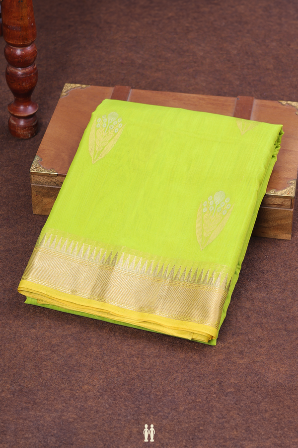Kora Banarasi Silk Saree In Lime Color With Floral Motifs