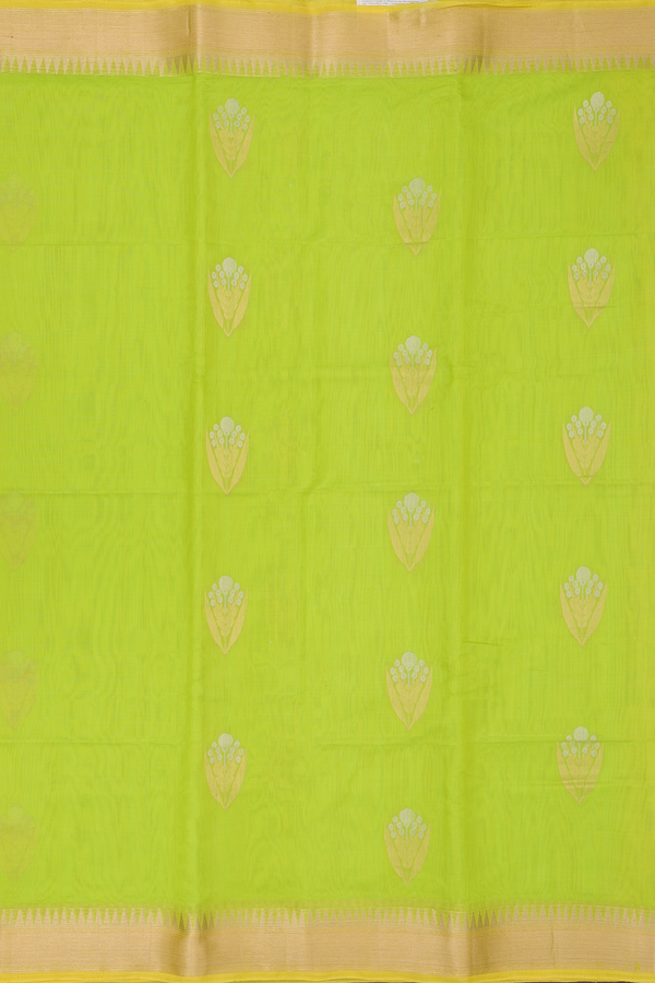Kora Banarasi Silk Saree In Lime Color With Floral Motifs