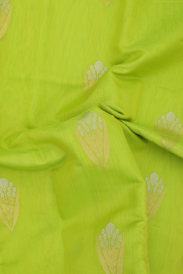 Kora Banarasi Silk Saree In Lime Color With Floral Motifs