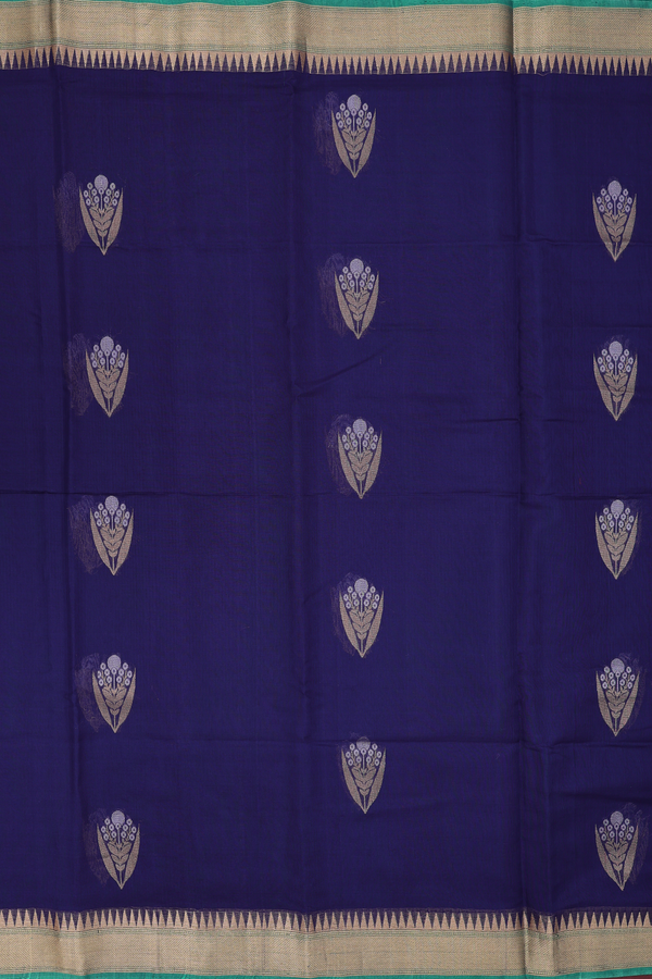 Kora Banarasi Silk Saree In Navy Blue With Floral Motifs