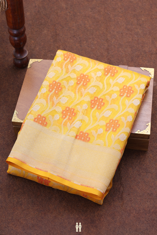 Kora Banarasi Silk Saree In Mustard Yellow With Floral Design