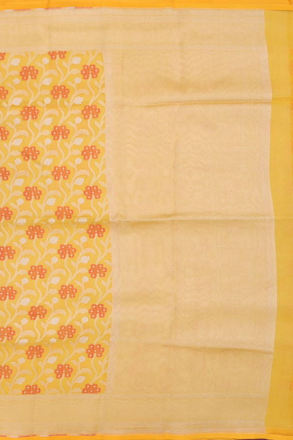 Kora Banarasi Silk Saree In Mustard Yellow With Floral Design