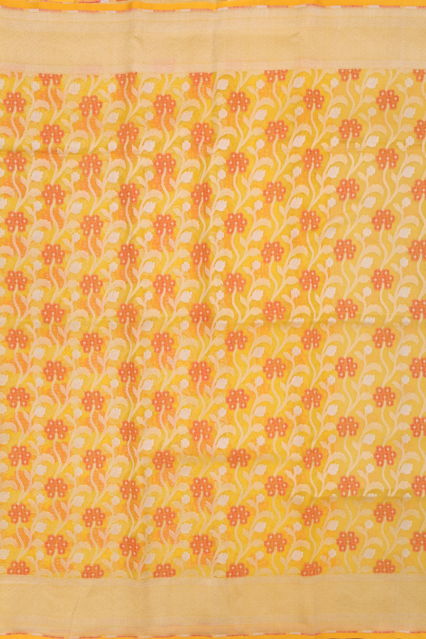 Kora Banarasi Silk Saree In Mustard Yellow With Floral Design