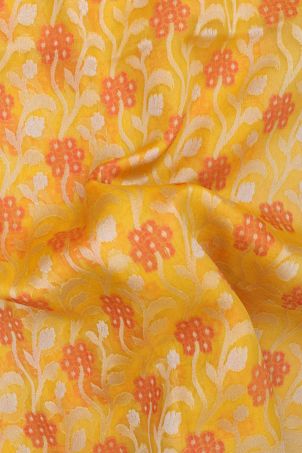 Kora Banarasi Silk Saree In Mustard Yellow With Floral Design