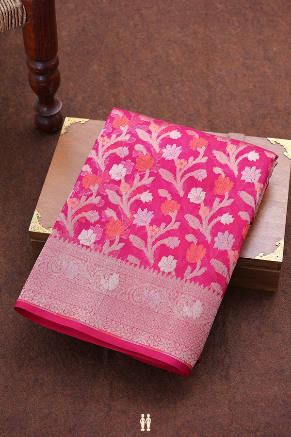 Kora Banarasi Silk Saree In Pink With Floral Design