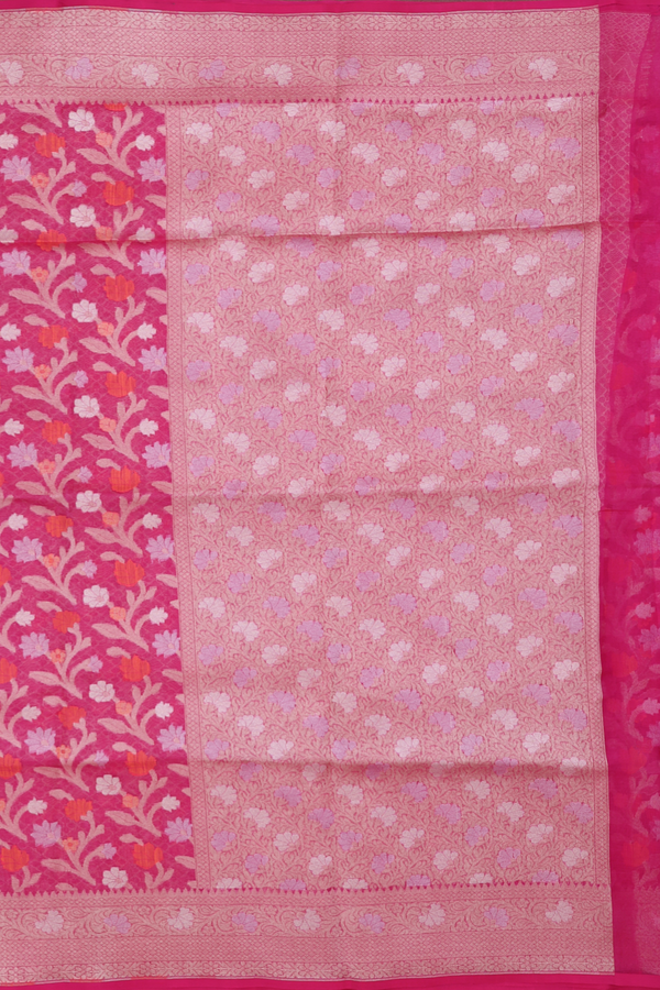 Kora Banarasi Silk Saree In Pink With Floral Design