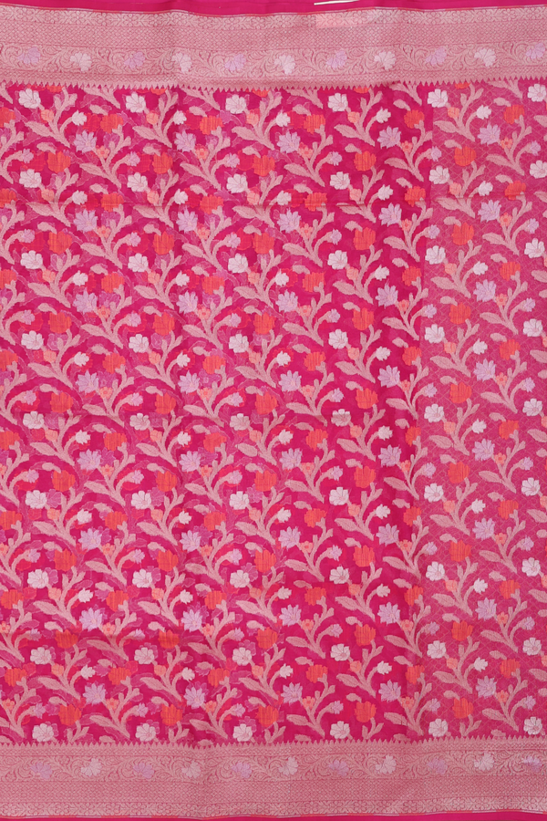 Kora Banarasi Silk Saree In Pink With Floral Design
