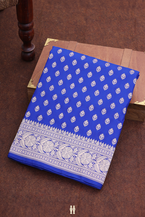Banarasi Silk Saree In Indigo Blue With Floral Buttas