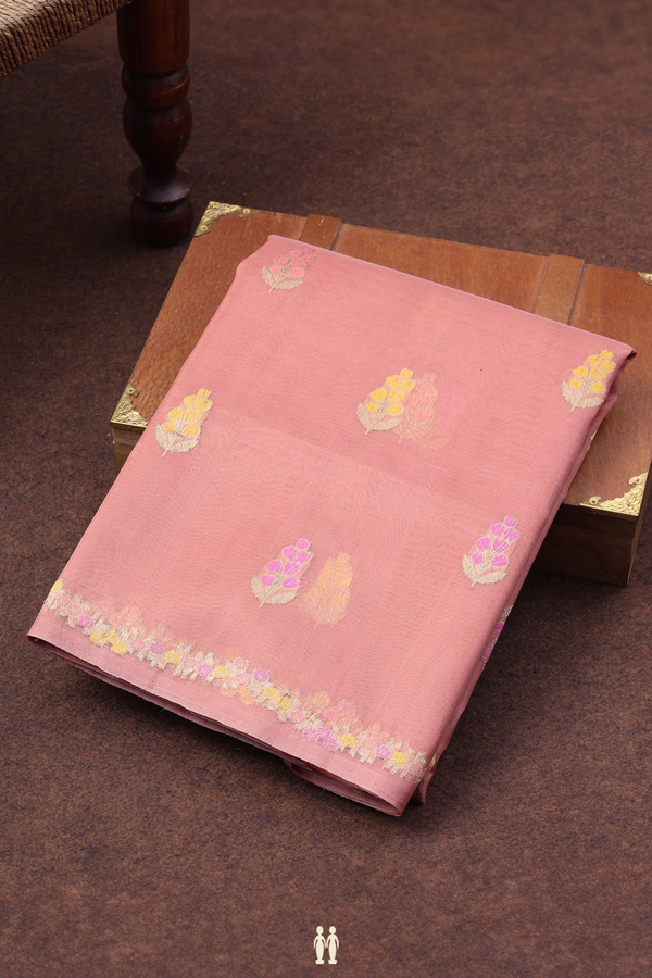 Organza Banarasi Silk Saree In Dusty Rose With Floral Buttas