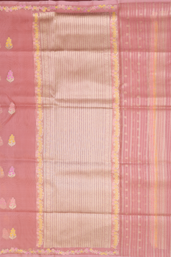 Organza Banarasi Silk Saree In Dusty Rose With Floral Buttas