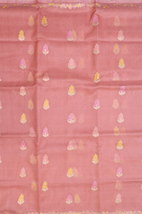 Organza Banarasi Silk Saree In Dusty Rose With Floral Buttas