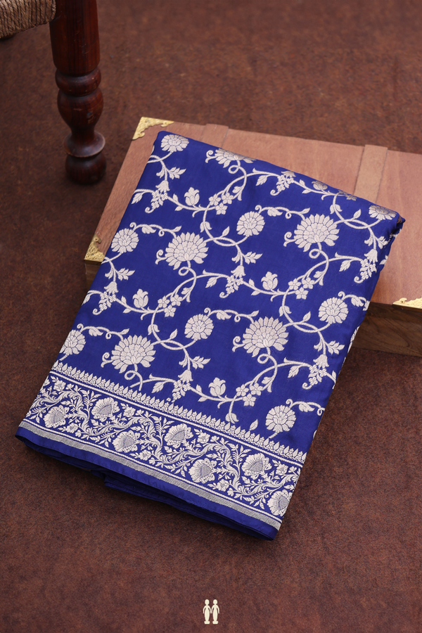 Banarasi Silk Saree In Royal Blue With Floral Design