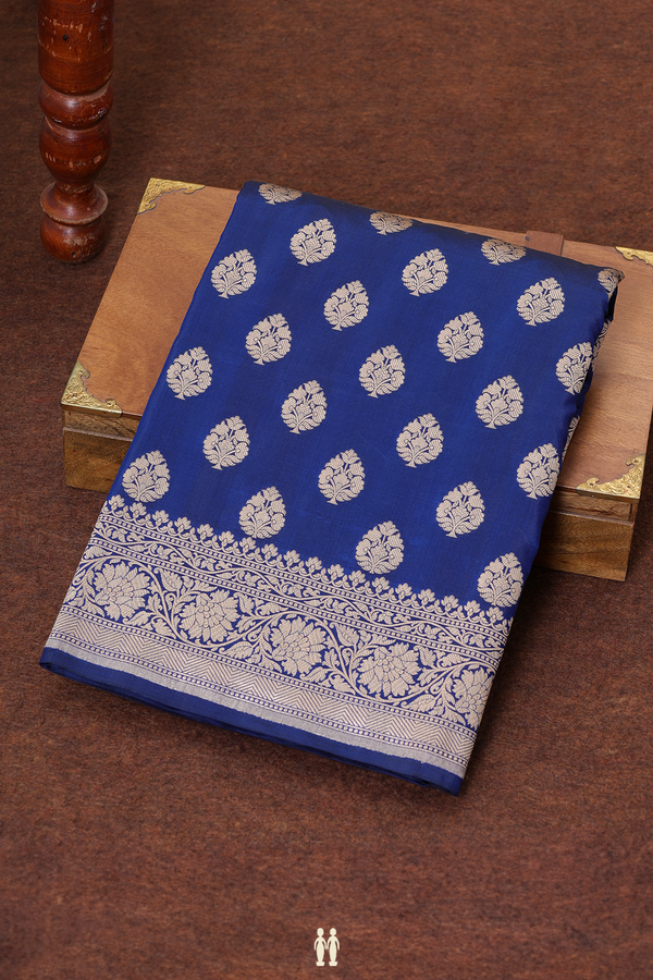 Banarasi Silk Saree In Navy Blue With Floral Buttas