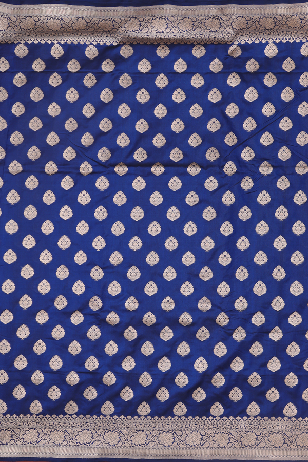 Banarasi Silk Saree In Navy Blue With Floral Buttas