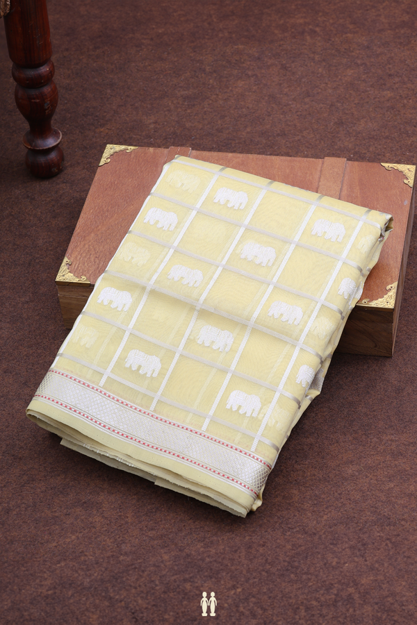Organza Banarasi Silk Saree In Light Yellow With Checks Design