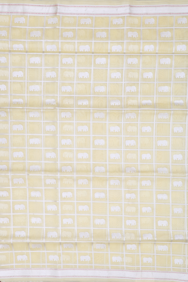 Organza Banarasi Silk Saree In Light Yellow With Checks Design