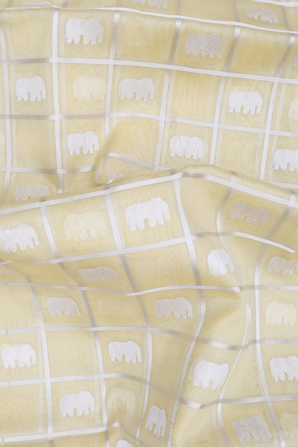 Organza Banarasi Silk Saree In Light Yellow With Checks Design