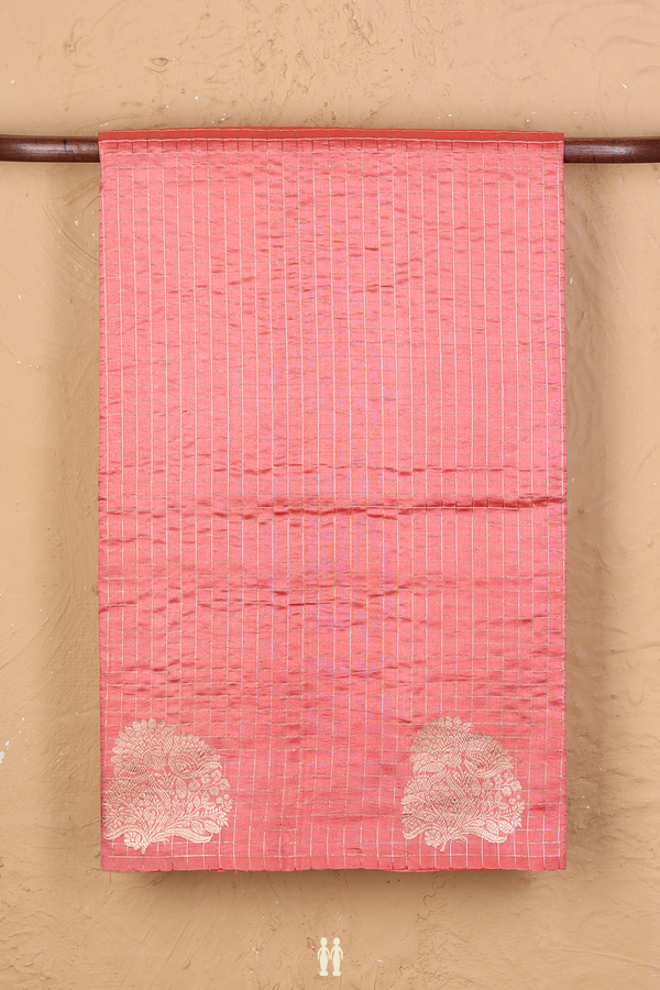 Raw Silk Saree In Peach Pink With Checks Design