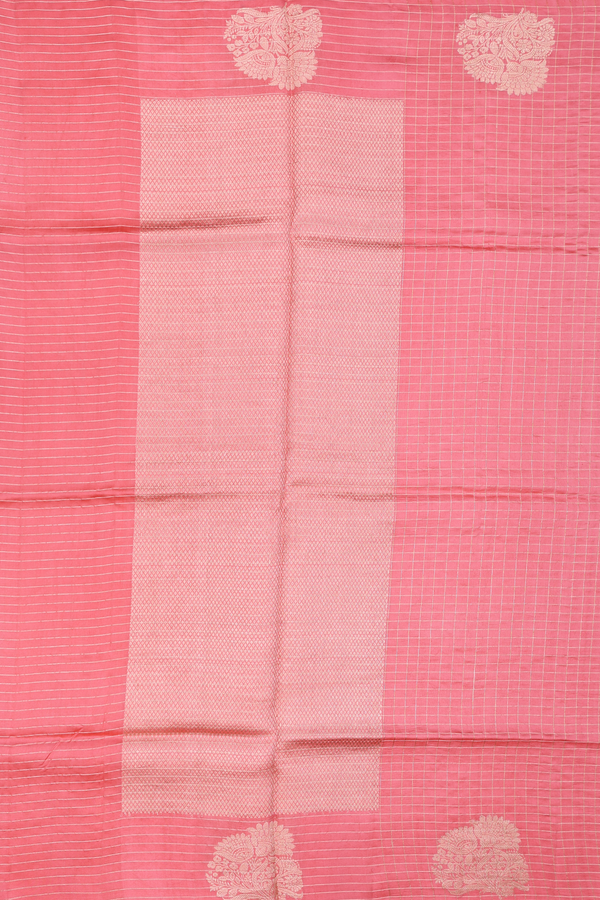 Raw Silk Saree In Peach Pink With Checks Design