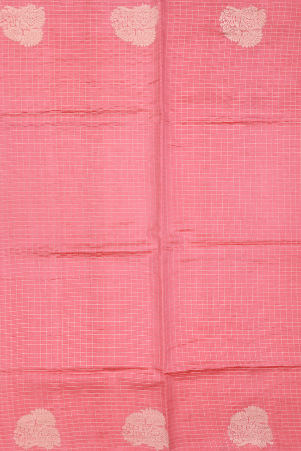 Raw Silk Saree In Peach Pink With Checks Design