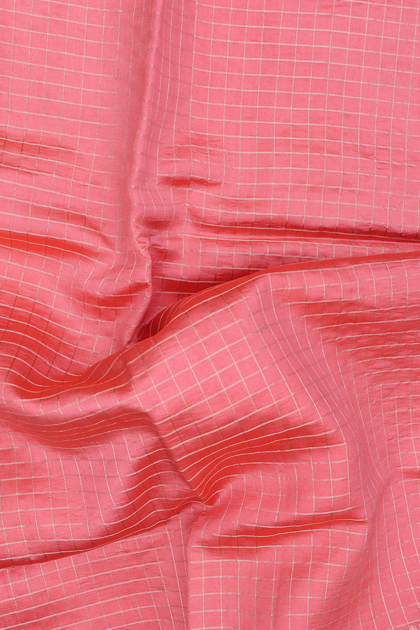 Raw Silk Saree In Peach Pink With Checks Design