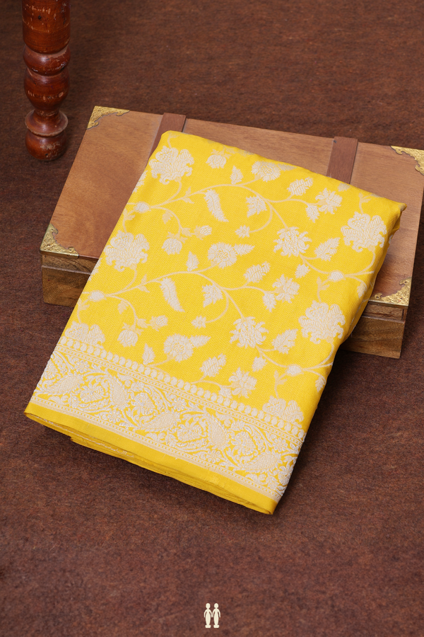Banarasi Silk Saree In Yellow With Floral Design
