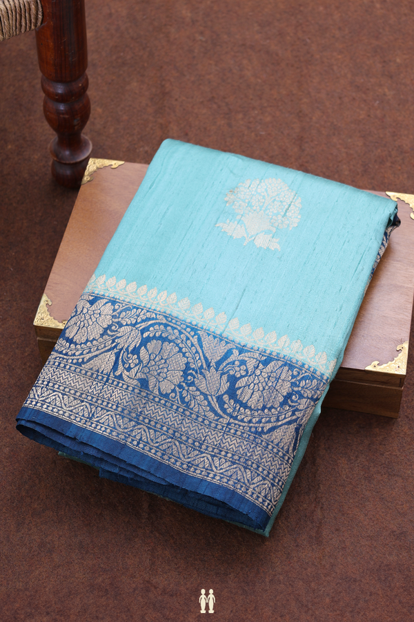 Tussar Banarasi Silk Saree In Turkish Blue With Floral Motifs