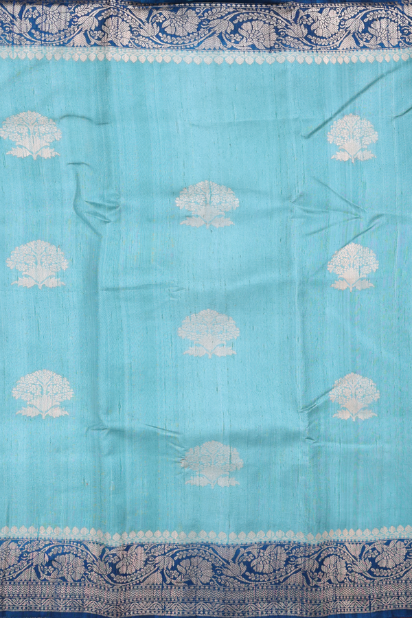 Tussar Banarasi Silk Saree In Turkish Blue With Floral Motifs