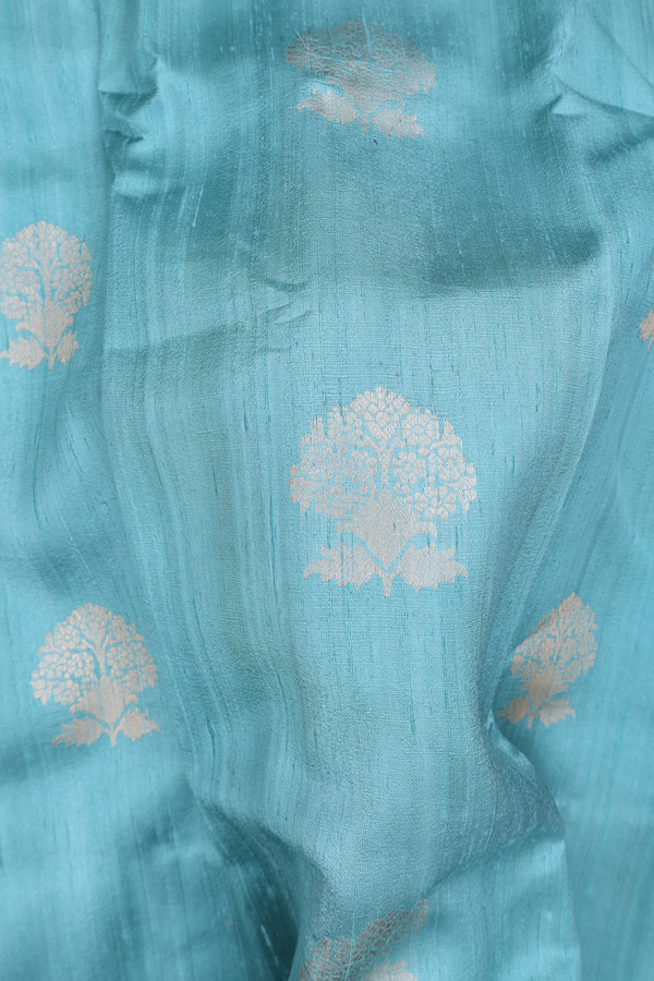 Tussar Banarasi Silk Saree In Turkish Blue With Floral Motifs