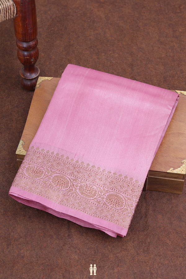 Tussar Banarasi Silk Saree In Plain Pink With Floral Border