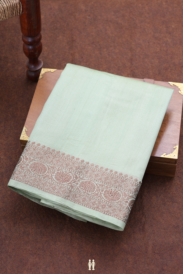 Tussar Banarasi Silk Saree In Sage Green With Zari Border