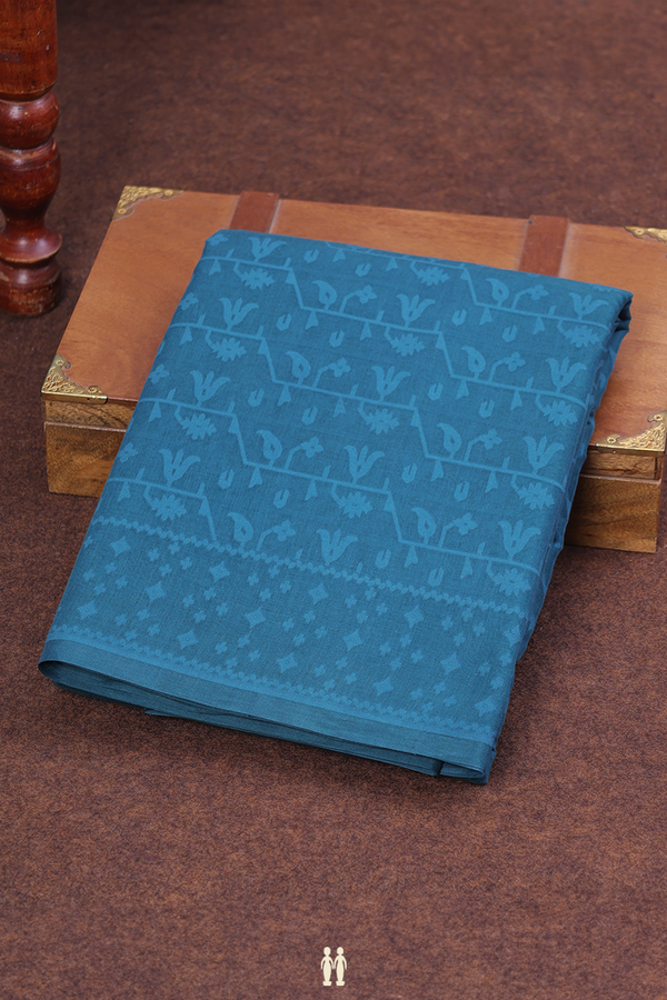 Kora Banarasi Cotton Saree In Pine Green With Threadwork Design