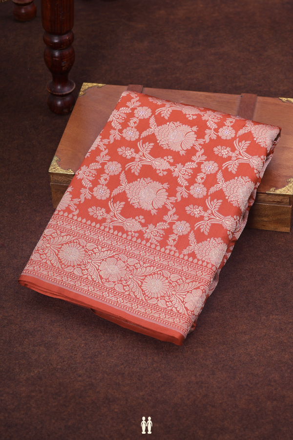 Banarasi Silk Saree In Rust Orange With Floral Design