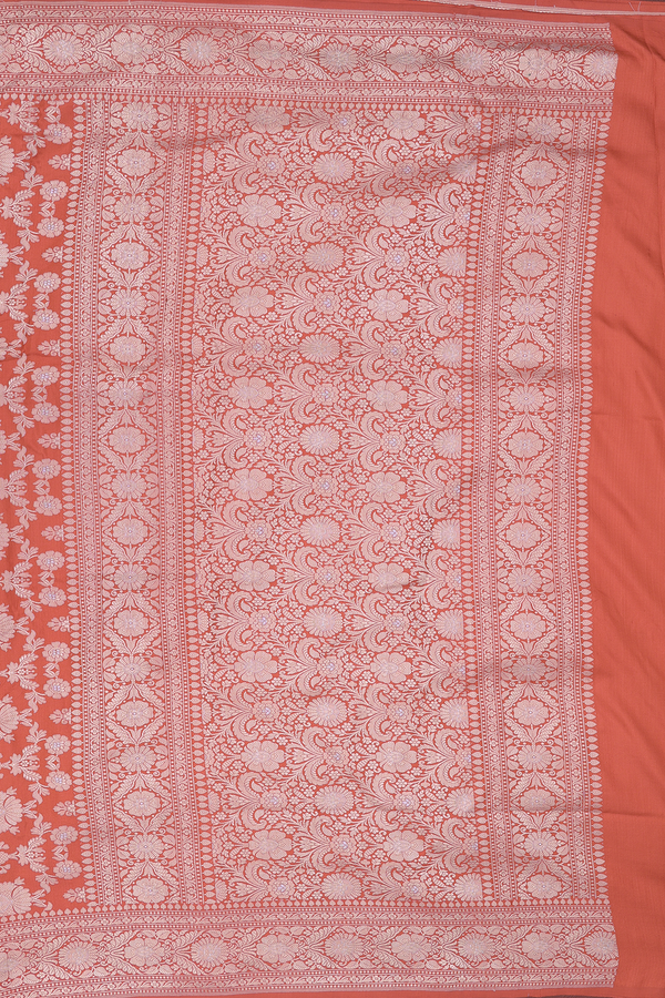 Banarasi Silk Saree In Rust Orange With Floral Design