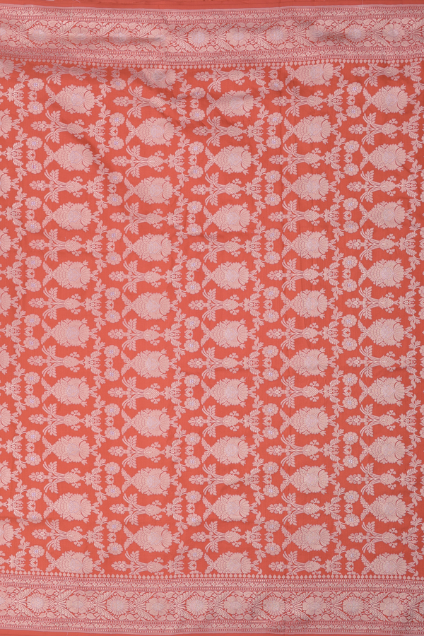 Banarasi Silk Saree In Rust Orange With Floral Design