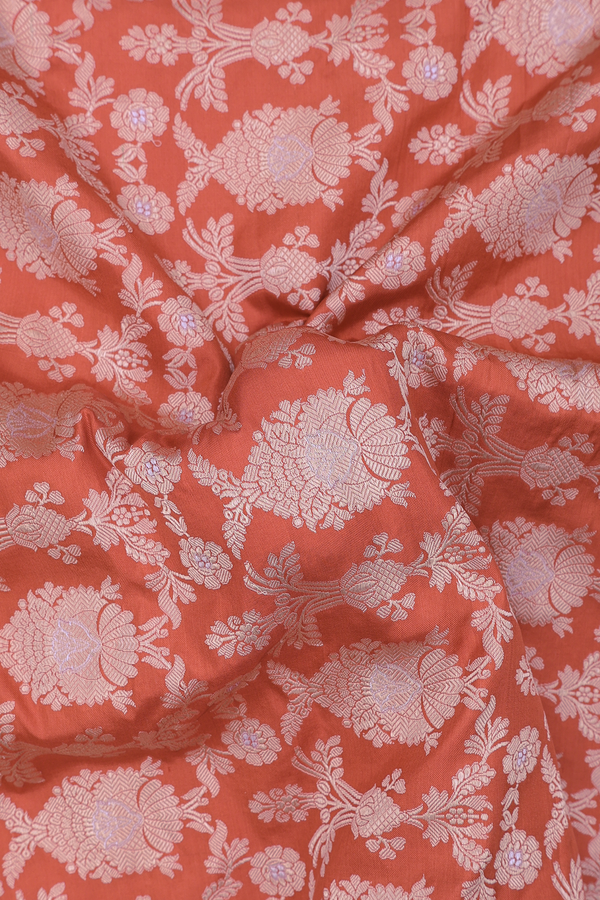 Banarasi Silk Saree In Rust Orange With Floral Design
